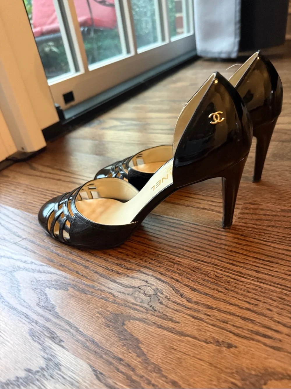 CHANEL Black Patent Leather Strappy D'Orsay Heels size 40.5